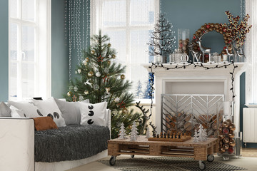 New year tree in scandinavian style interior with christmas decoration