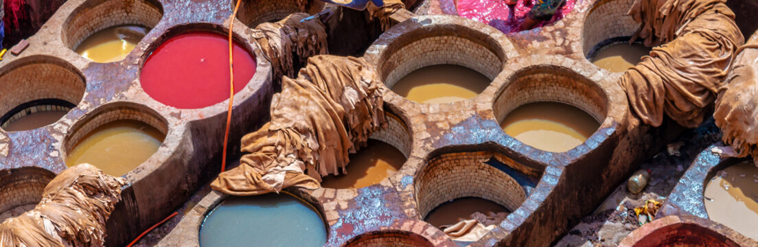 Aerial view of the colorful leather tanneries of Fez, Morocco