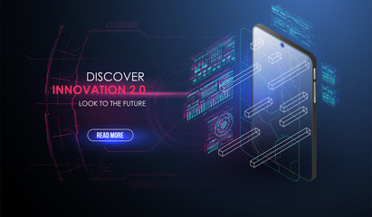 Smartphone and hologram projector. Innovative technology concept. Development and coding for smartphone. concept development of a new smartphone in HUD style.
