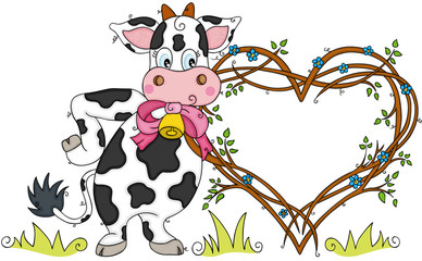 Funny cow with heart frame of tree branches