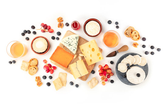 Cheese and wine, tasting and pairing, an overhead flat lay shot on a white background