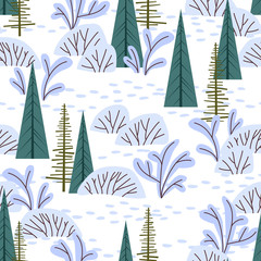 Christmas and New Year vector seamless pattern. Winter background with Christmas trees, bushes and footsteps in snow