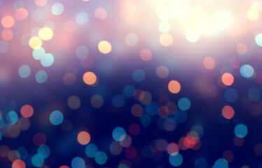 Confetti gleam on dark blue empty background. Bokeh abstract texture. Glitter blurred illustration. Shimmer defocused template.