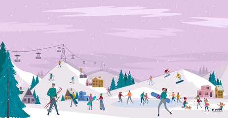 Winter Alps holidays background with active people. Winter outdoor activities, People ice skating, skiing, snowboarding, sledding and have fun.
