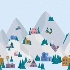 Seamless pattern with Winter Alps mountain and houses. Editable vector illustration.