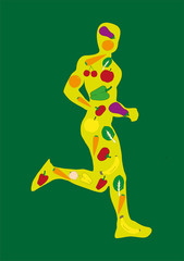 Silueta amarilla con verduras de un deportista corriendo sobre fondo verde.