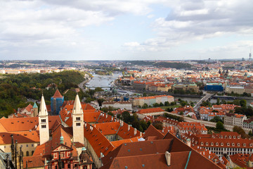 City views Prague autumn. Tiled roofs. Bridges. Vlatva river