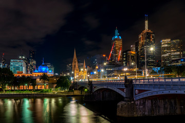 Melbourne / Australia - October 25 2019 : Night view of Melbourne city CBD and the Yarra river