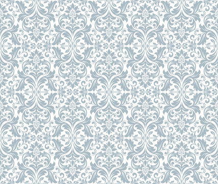 Wallpaper in the style of Baroque. Seamless vector background. White and blue floral ornament. Graphic pattern for fabric, wallpaper, packaging. Ornate Damask flower ornament