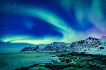 Vivid Northern lights during polar night on Lofoten Islands in Norway. Epic scene of dancing aurora...