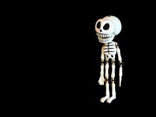 Skeleton human figure isolated on black background, copy space for text