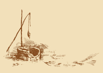 Man and camels at withered well in desert. Vector drawing