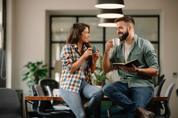 Colleagues in office. Businesswoman and businessman discussing work in office. Two friends in...