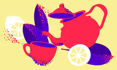 Tea time pop art style. tea leaves, tea, cup, glass, isometric illustration