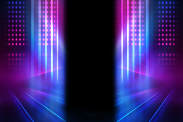 Empty dark abstract background. Background of empty show scene. Glow of neon lights on an empty stage. Dark tunnel