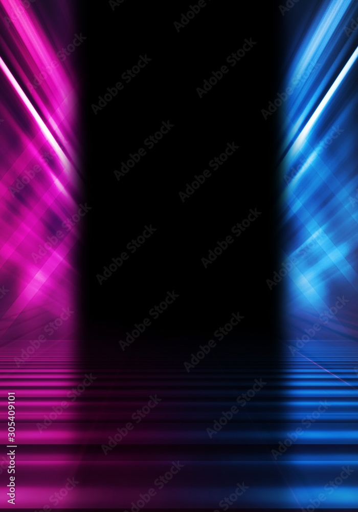 Aufkleber Empty dark abstract background. Background of empty show scene. Glow of neon lights on an empty stage. Dark tunnel
