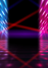 Empty dark abstract background. Background of empty show scene. Glow of neon lights on an empty stage. Dark tunnel