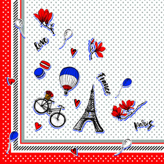Shawl, bandanna, pillow, scarf. Square pattern. Paris symbols scarf design. Romantic travel in Paris. Magnolia blossom. Embroidery design. Tourism souvenir. Eiffel Tower. Polka dot.