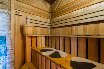 Russia, Moscow- July 06, 2019: interior room apartment. standard repair decoration in hostel. bathhouse, sauna