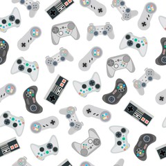 Seamless pattern with retro gamepads and joysticks isolated on white background. Vector illustration © Evgeniy Zimin