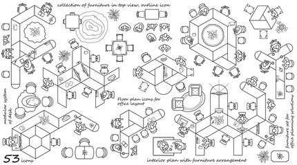 Modern office furniture icons in top view, vector floor plan collection. Contemporary workplace interior design elements. Desks with chairs, working person and computers for working space. 