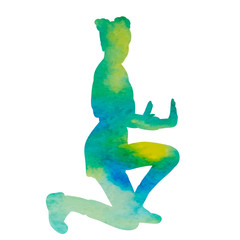 green watercolor silhouette of a child, girl dancing