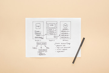 top view of website design template, felt-tip pen on beige background