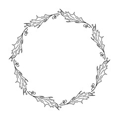 Abstract wreath of single leaves and berries of grapes. Monochrome illustration on a white background. Beautiful, delicate wreath with place for text.