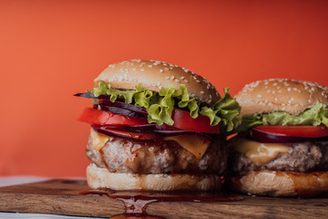 hamburger or sandwich. Delicious sandwich hamburger with meat, cheese and fresh vegetable. Hamburger or sandwich is the popular fast food for brunch or lunch. Juicy cheeseburger