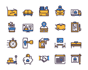 Moving items color linear icons set