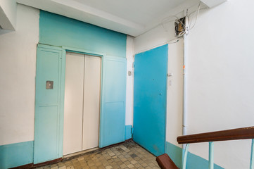 Russia, Moscow- July 08, 2019: interior room apartment. standard repair decoration in hostel. public place, staircase