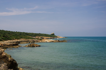 sighting old ruined tower, medieval ruin on a mediterranean coast, Gargano Italy, Torre di calarossa