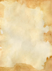 Old handmade paper. Splashes of coffee blots are brown. Texture design for old cards, invitation cards, background, wallpaper.