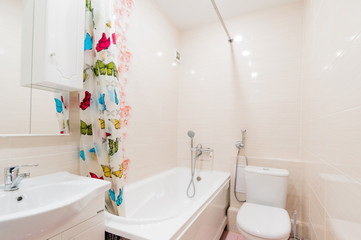 Russia, Moscow- July 08, 2019: interior room apartment. standard repair decoration in hostel. bathroom and toilet