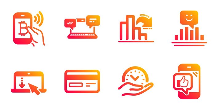 Smile, Bitcoin pay and Safe time line icons set. Decreasing graph, Credit card and Internet chat signs. Scroll down, Mobile like symbols. Positive feedback, Mobile payment. Technology set. Vector