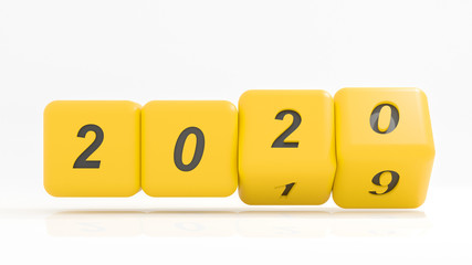 2020 New year change, turn. 2020 start 2019 end, yellow dice isolated against white background. 3d illustration
