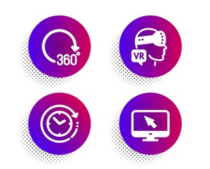 360 degrees, Time change and Augmented reality icons simple set. Halftone dots button. Internet sign. Full rotation, Clock, Virtual reality. Monitor with cursor. Technology set. Vector
