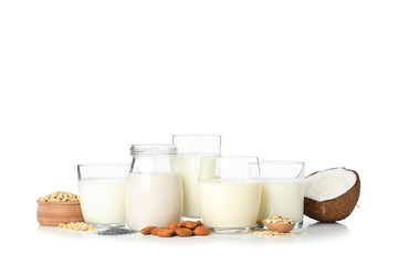 Glasses with different types milk isolated on white background