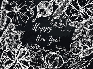 Happy New Year. Vector illustration, spruce branches, ginger biscuits, gifts,Christmas tree toys, prints on T-shirts, background chalkboard, handmade, card for you