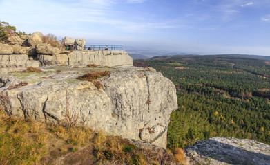 Szczeliniec Wielki in Table Mountains National Park, Lower Silesia, Poland. Panorama visible from one of the viewing terraces