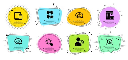 Find user, Balloon dart and Yummy smile line icons set. Chat bubbles with quotes. Mobile devices, Augmented reality and Feedback signs. Ranking star, Coffee machine symbols. Vector