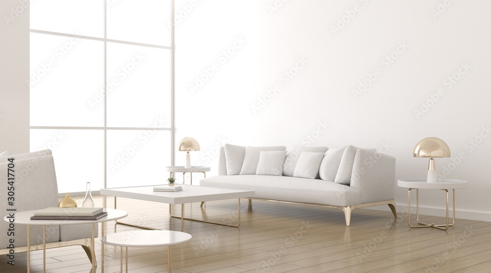 Aufkleber View of living room space with fabric sofa and round side table on white wall. Perspective of minimal Interior design with gold lamp. 3d rendering.