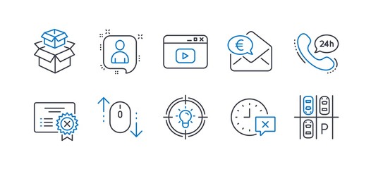 Set of Technology icons, such as 24h service, Video content, Idea, Time, Developers chat, Scroll down, Reject certificate, Packing boxes, Euro money, Parking place line icons. Vector