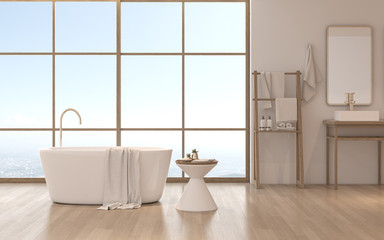 View of bathtub with side table and towel on city view background,Modern interior design with timber and large window. 3D rendering