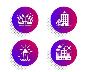 Fototapeten Arena stadium, Lighthouse and Skyscraper buildings icons simple set. Halftone dots button. Hotel sign. Sport complex, Navigation beacon, Town architecture. Travel. Buildings set. Vector © blankstock