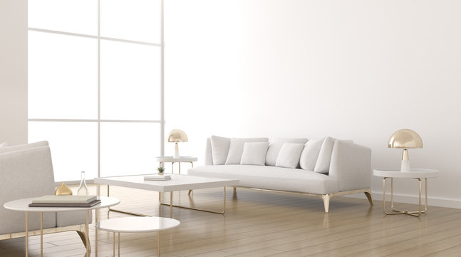 View of living room space with fabric sofa and round side table on white wall. Perspective of minimal Interior design with gold lamp. 3d rendering.