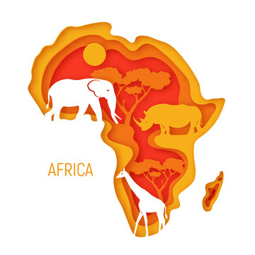 Africa. Decorative 3d paper cut map of Africa continent with wild animals silhouettes. 3d paper cut eco friendly design. Vector illustration