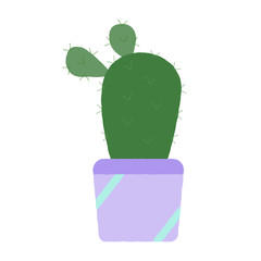 Vector illustration of a textured beavertail cactus in a pastel purple plant pot. Houseplant graphic.