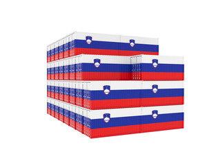 Fototapeta na wymiar 3D Illustration of Cargo Container with Slovenia Flag on white background with shadows. Delivery, transportation, shipping freight transportation.