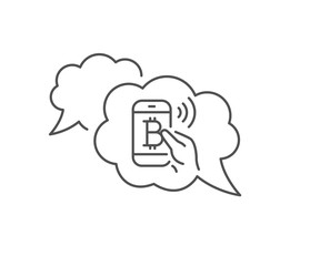 Bitcoin mobile pay line icon. Chat bubble design. Cryptocurrency sign. Crypto money symbol. Outline concept. Thin line bitcoin pay icon. Vector